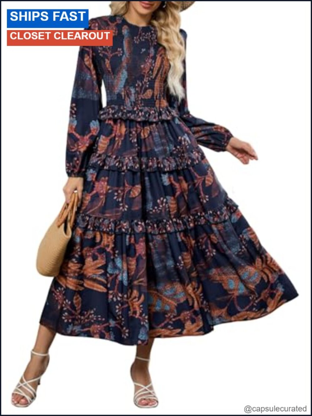 Womens Floral Maxi Dress Puff Sleeve Smocked Tiered Ruffled A-Line Fall